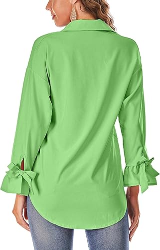 Vista 22 de Camisa de manga larga acampanada para mujer, para otoño, casual, cuello con lazo, con puño, ajuste holgado, camisetas Blanco