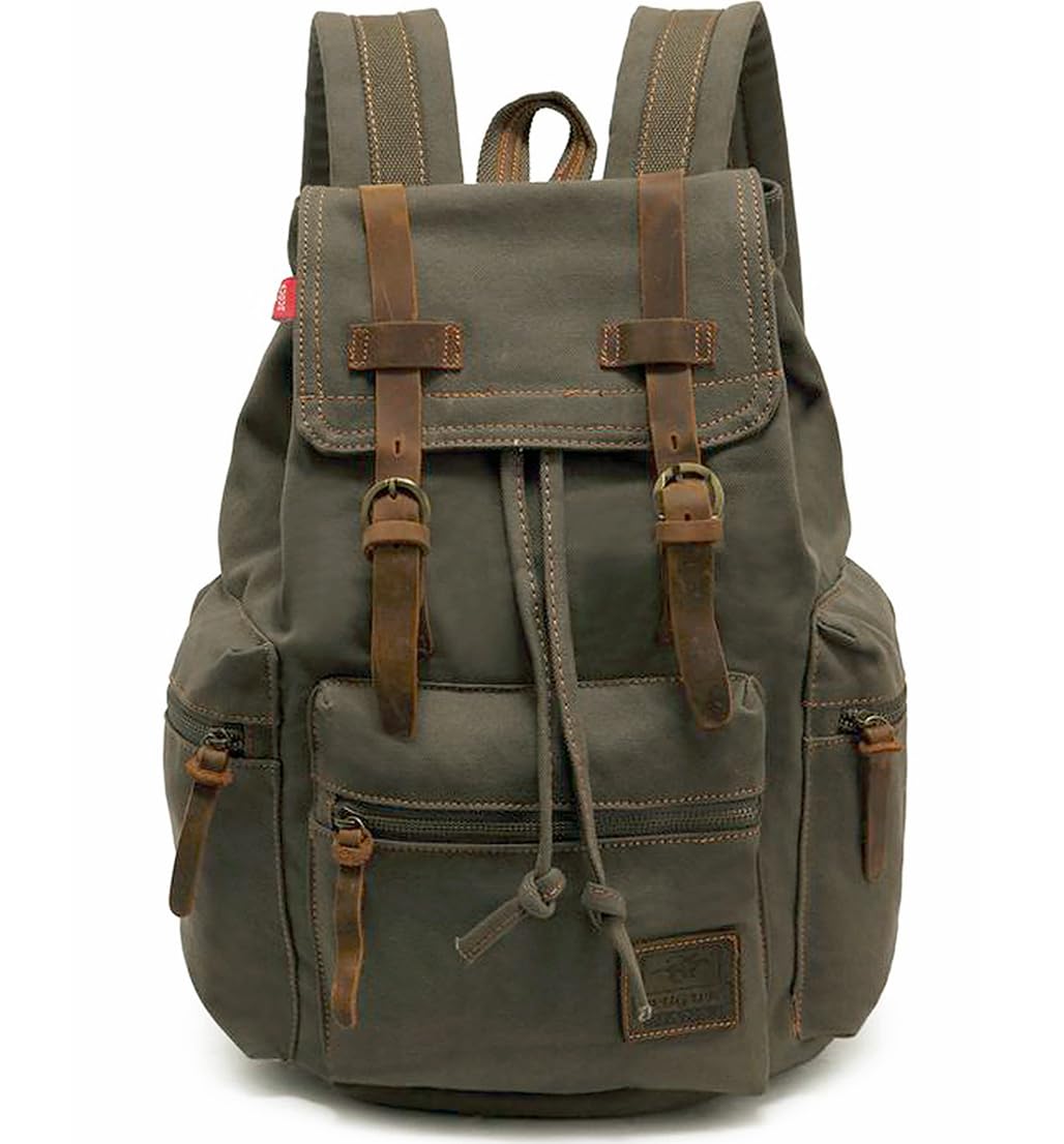 HuaChen Vintage Canvas Backpack with Leather Accents – Durable Travel Rucksack for Hiking, Camping, and Everyday Use for Men and Women - M32 Army Green L