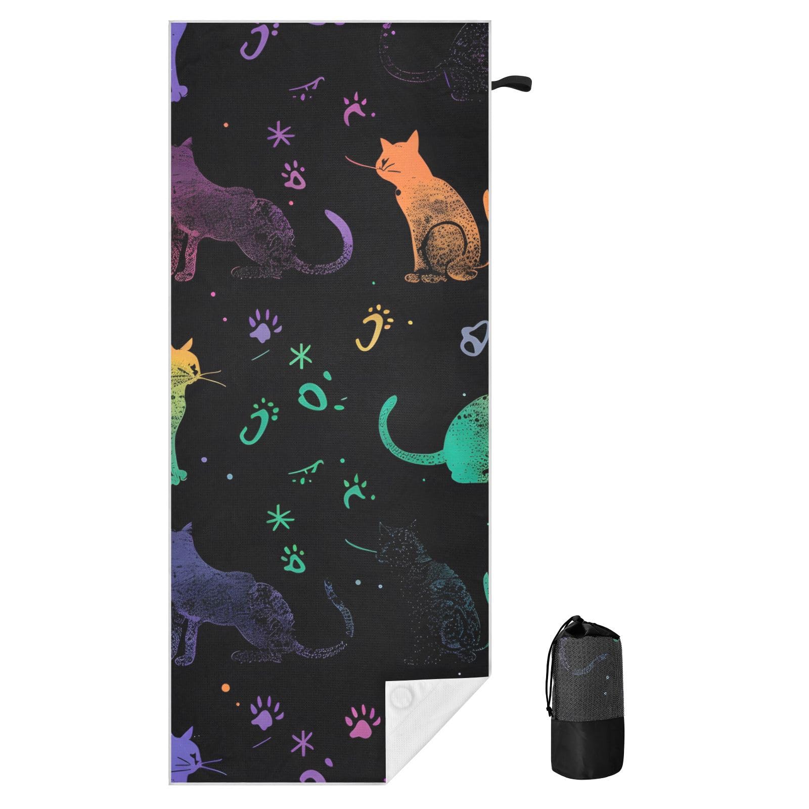 Grande serviette de plage avec sacs en maille pour adultes, chats magiques et pattes – Serviette de bain colorée avec fermeture magnétique, anti-sable, absorbante à séchage rapide pour piscine