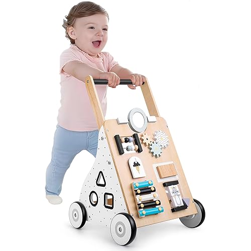 Andador de madera para bebés, andador de empuje para bebés con centro de actividades para niños y niñas para desarrollar habilidades motoras y
