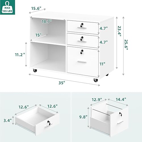 Miniatura 3 de YITAHOME Archivador lateral de madera de 3 cajones, archivador móvil para tamaño cartaA4, soporte de impresora con 2 estantes abiertos para