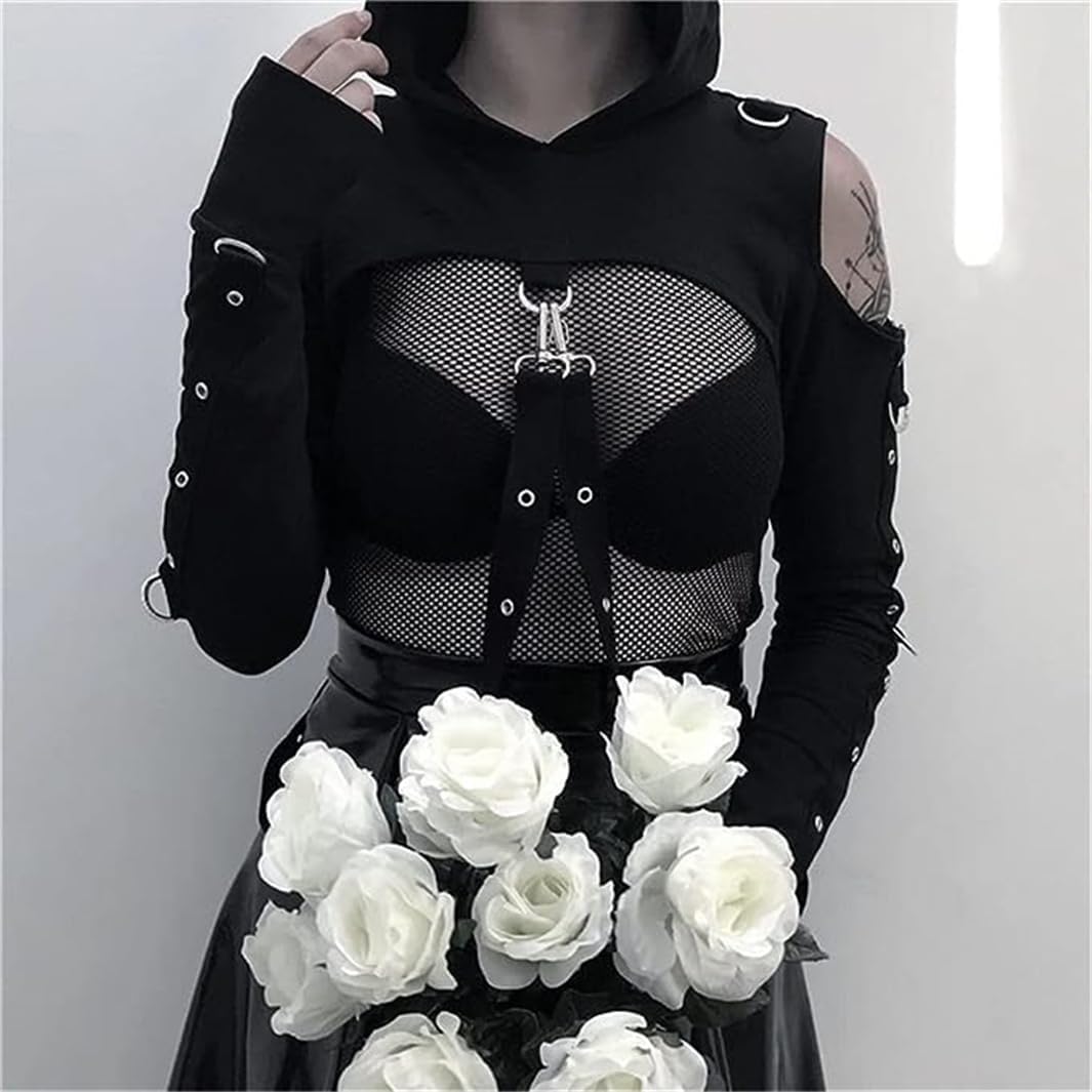 win2win Goth Crop Top Hoodies For Women Punk Gothic Sweatshirt Hoodie Rave Festival Long Sleeve Emo Aesthetic Tops - Image 2