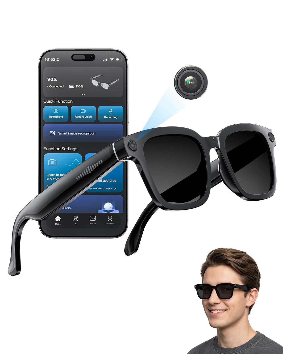 Gafas Inteligentes 2026 Con Cámara y Bluetooth, 8 Mpx, 32 GB, HD 1200p, Con Funciones de Grabación de Fotos, Vídeo y Audio, Traducción en Tiempo Real, Asistente de Voz y Reconocimiento de Objetos