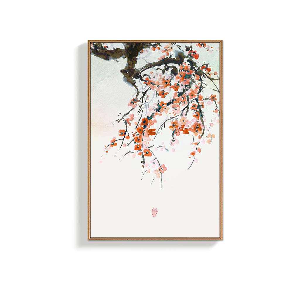 Framed Canvas Print Wall Art Japanese Style Cherry Blossoms on Tree Branch Floral Plants Illustrations Modern Art Rustic Scenic Colorful Pastel for Living Room, Bedroom, Office - 24"x36" Natural