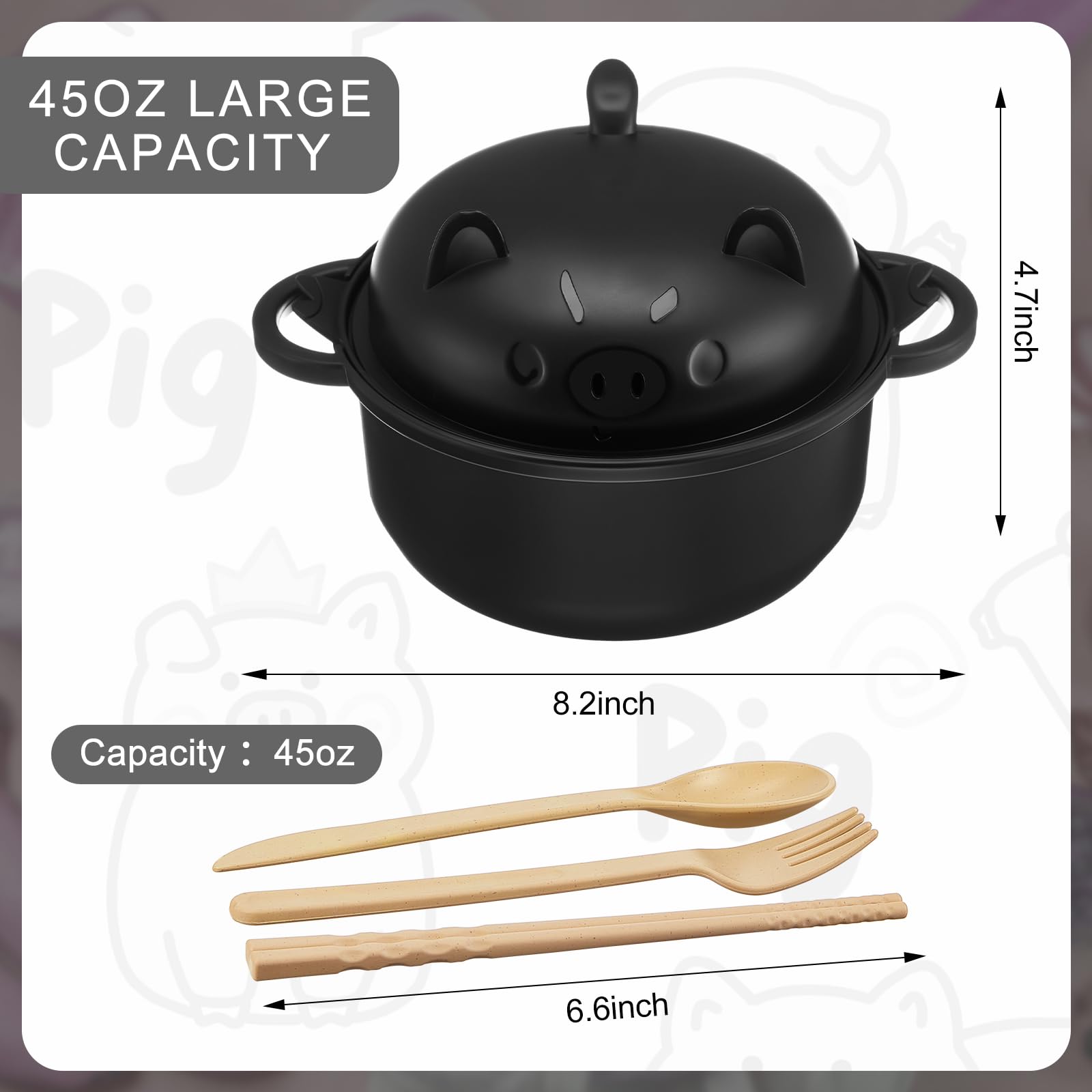 Large 45oz Cute Ramen Bowl Set Microwavable Pig Ramen Noodle Cooker Wheat Straw Bowl with Strainer Lid Handle Spoon Chopsticks Fork Gift for Home Dorm College(Black,1 Set)