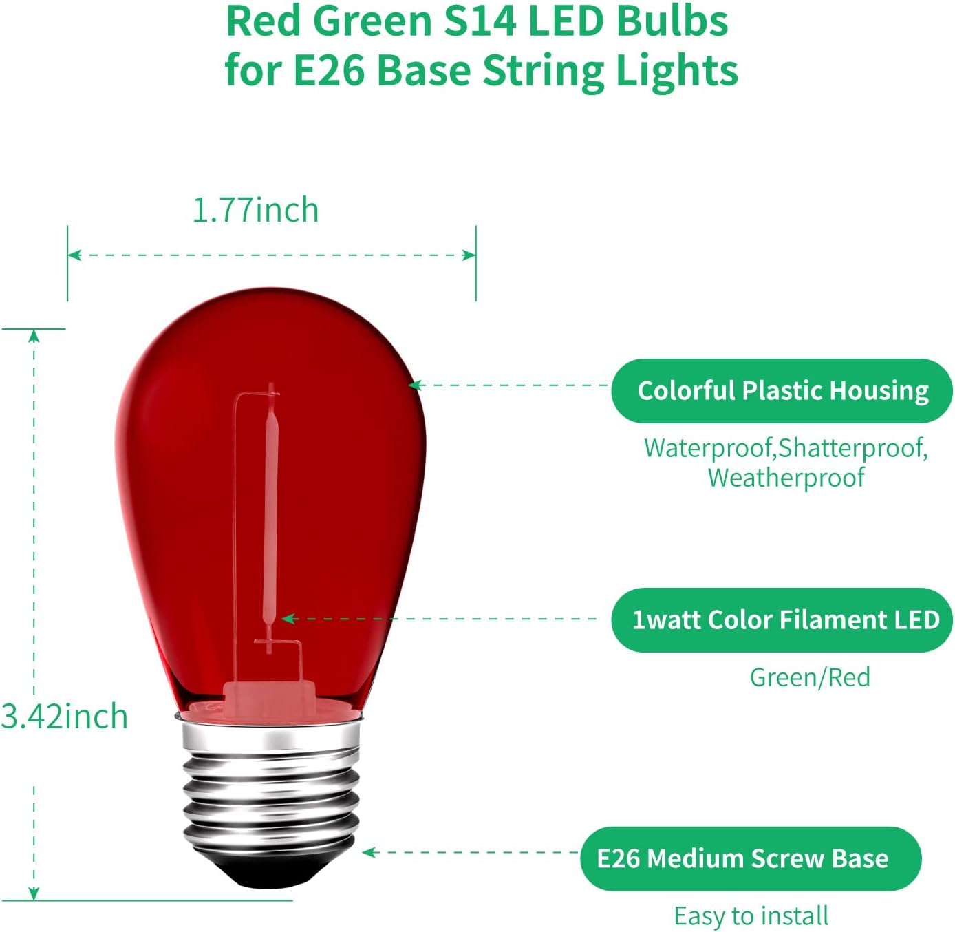 S14 Colored LED String Light Bulbs, 24-Pack 1W Plastic Shatterproof Waterproof Outdoor Indoor Replacement Bulbs for Home Decor, E26 Medium Screw Base, Red and Green Christmas Bulbs - Image 3