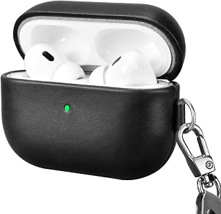 Leather Case for AirPods Pro 2 2022, ICARERFAMILY Premium Genuine Leather Shockproof Protective Cover for AirPods Pro 2 Earphones Charging Case with Hole (LED Visible) Support Wireless Charger-Black