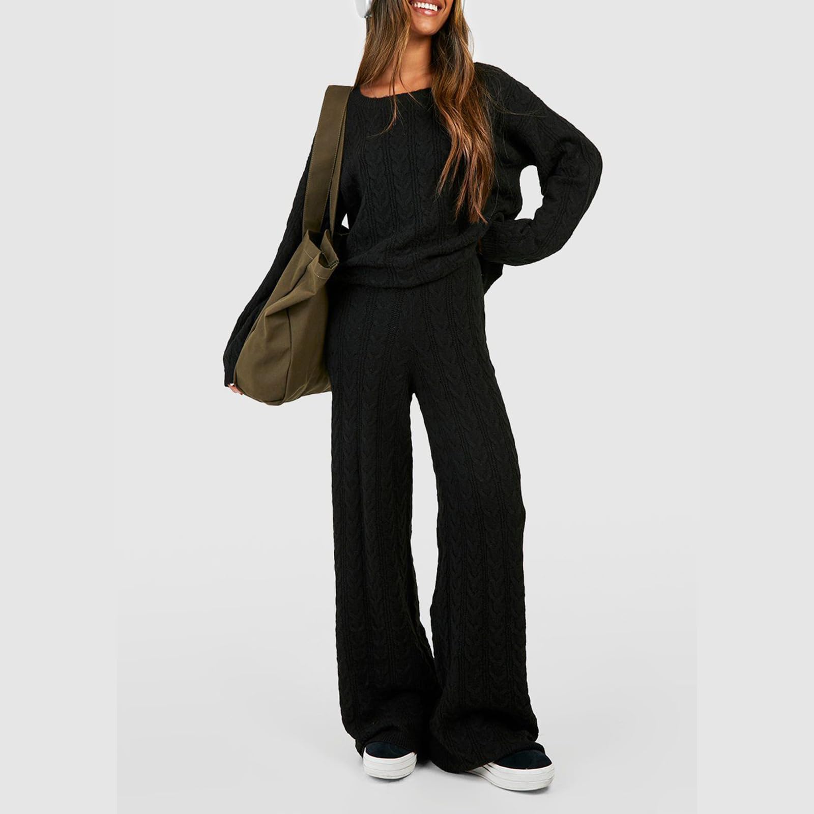 Zweiteilige Damen-Outfits, Pullover-Sets, 2-teiliges, langärmliges Strickpullover, Oberteil, weites Bein, Hose, lockere, passende Loungewear