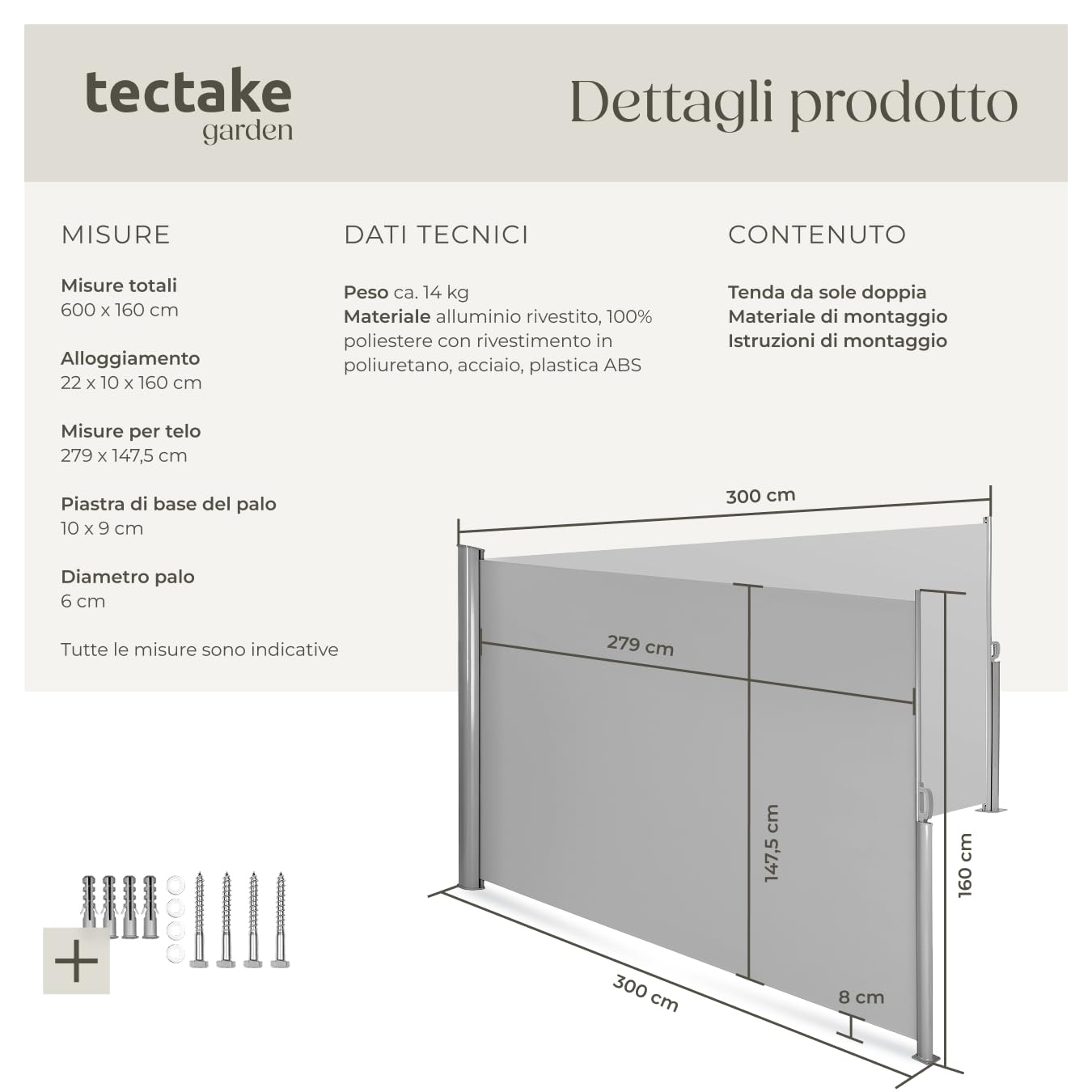 Tectake Tenda Frangivento Doppia Estensibile Cassettone Alluminio 160x600 cm Grigio