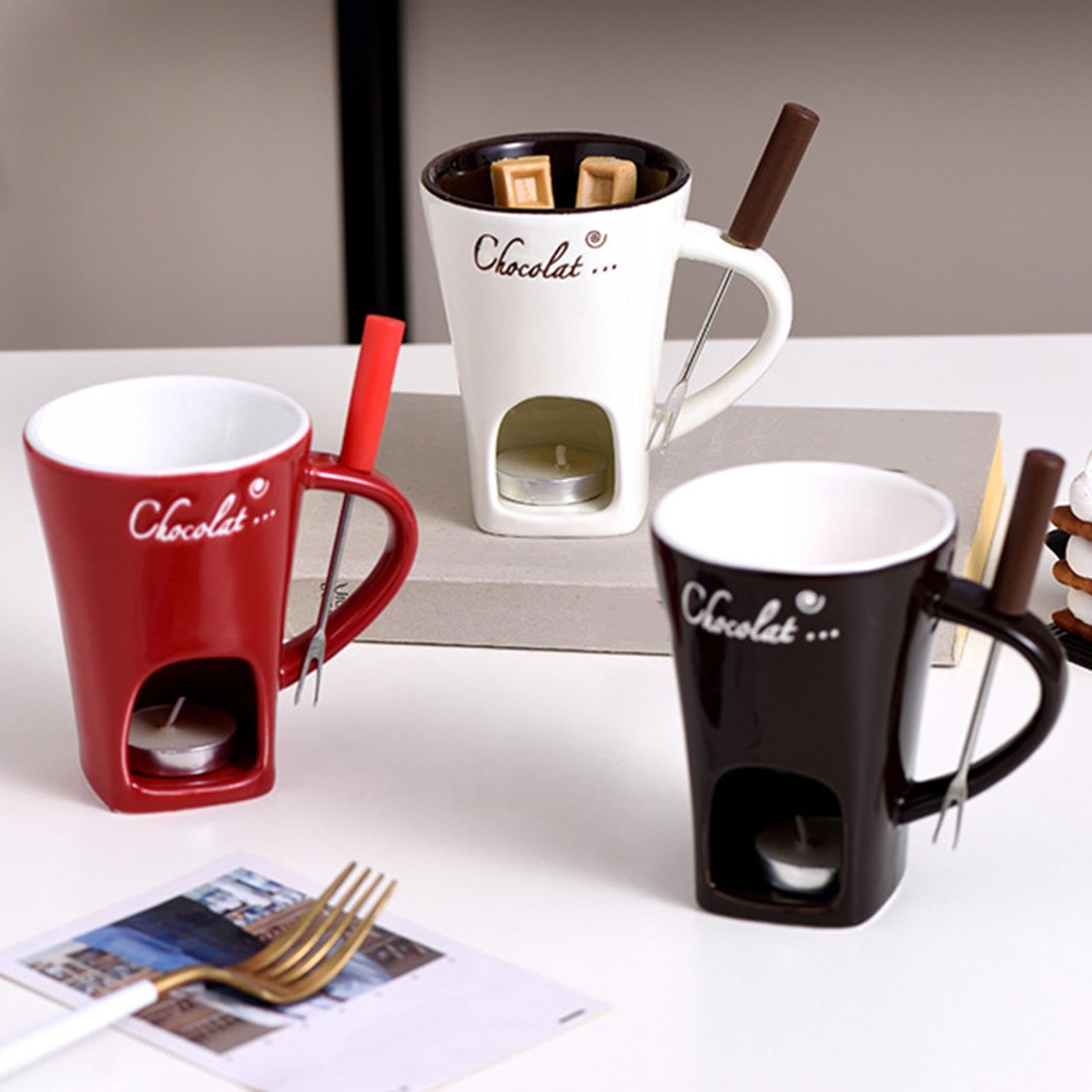 Schokoladen Fondue Becher, Schokoladenfondue Set mit Edelstahl Gabeln, Teelicht Schokofondue Tasse, Keramik Schokoladen Fondue Tasse, Kleines Fondueset für Schokolade Käse