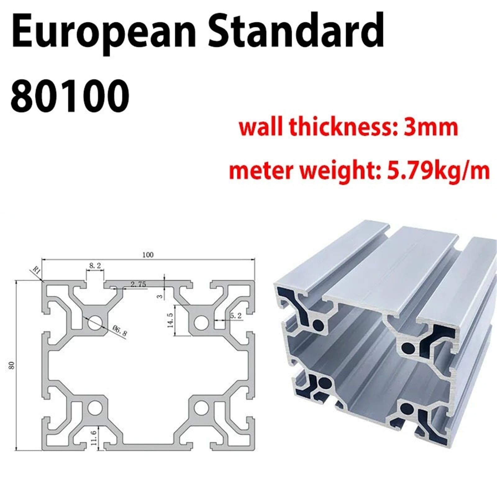 Perfil de aluminio de 1 metro (80 x 100 mm), según la norma europea 80100, for bastidores de equipos de alta resistencia for líneas de montaje. Marco