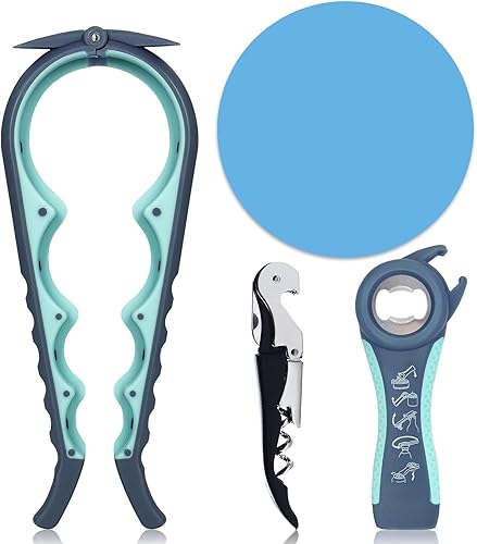 MAEXUS Juego de abridor de latas, Abrelatas de 4 tamaños, Abrebotellas 5 en 1, Almohadilla de agarre de tarro de goma, Abrelatas de vino