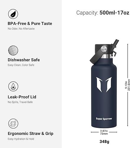 Miniatura 55 de Super Sparrow Botella de Agua Aislada - 17 Oz / 25 Oz / 34 Oz - Frasco FlipFlow de Boca Estándar - Libre de BPA, Botella a Prueba de Fugas - azul