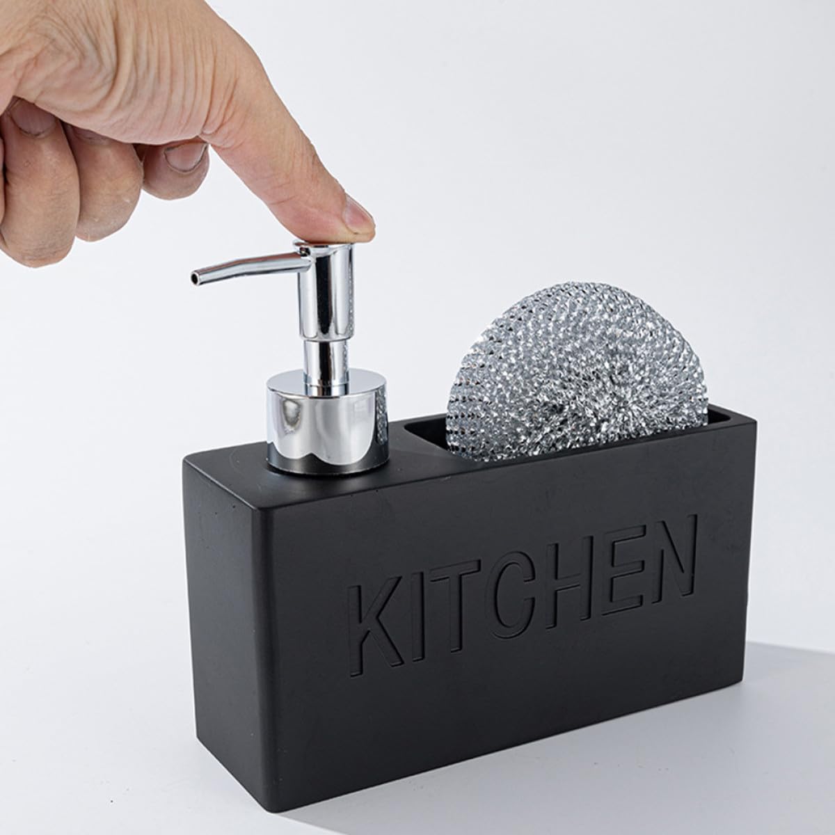 VANZACK Dispenser di Sapone Nero in Resina con Prevenzione delle Perdite e Facile da Premere, per Cucina con Porta Spugna Integrato per Organizzare Lavello