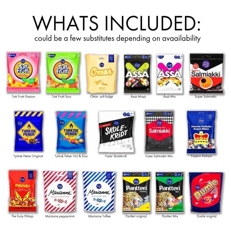 Finnish Candy Gummy Licorice Salmiakki set SÖPÖSÖPÖ BOX Variety Pack Care Package Treats Gift Basket Boxes Pack Fazer Adults Kids Grandkids Guys Girls Women Men Boyfriend Candy Birthday Cookies Chips Teenage Mix College Student Food Sampler Office Fathers Day Candy Box (Soposopo)