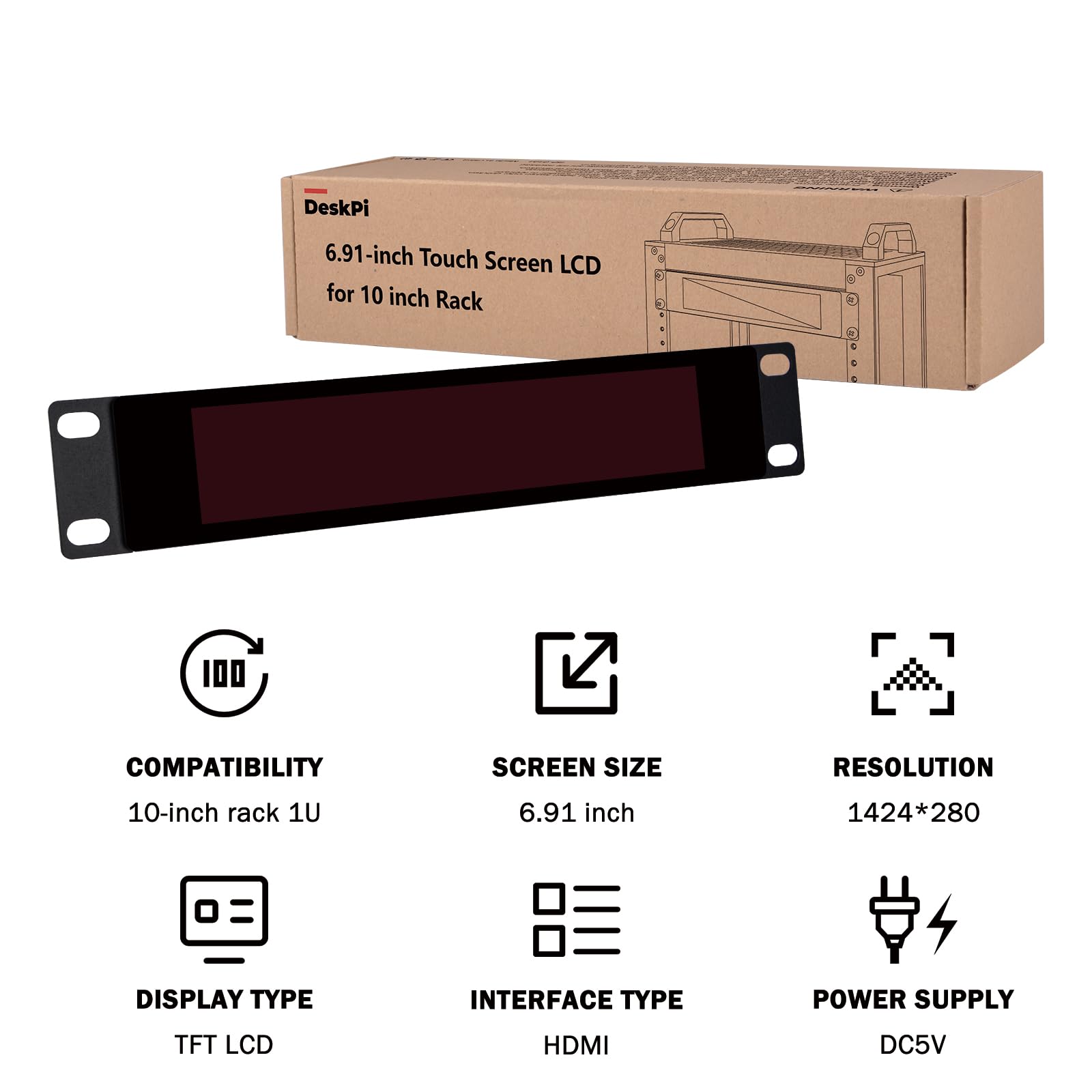 GeeekPi Ekran dotykowy LCD 6,91", 1424 x 280 cm, 1U, do szafek serwerowych DeskPi RackMate T0/T1/T2/T0 Plus/T1 Plus i 10" do stojaków serwerowych