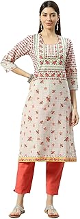 Biba White Cotton Floral Printed Straight Kurta