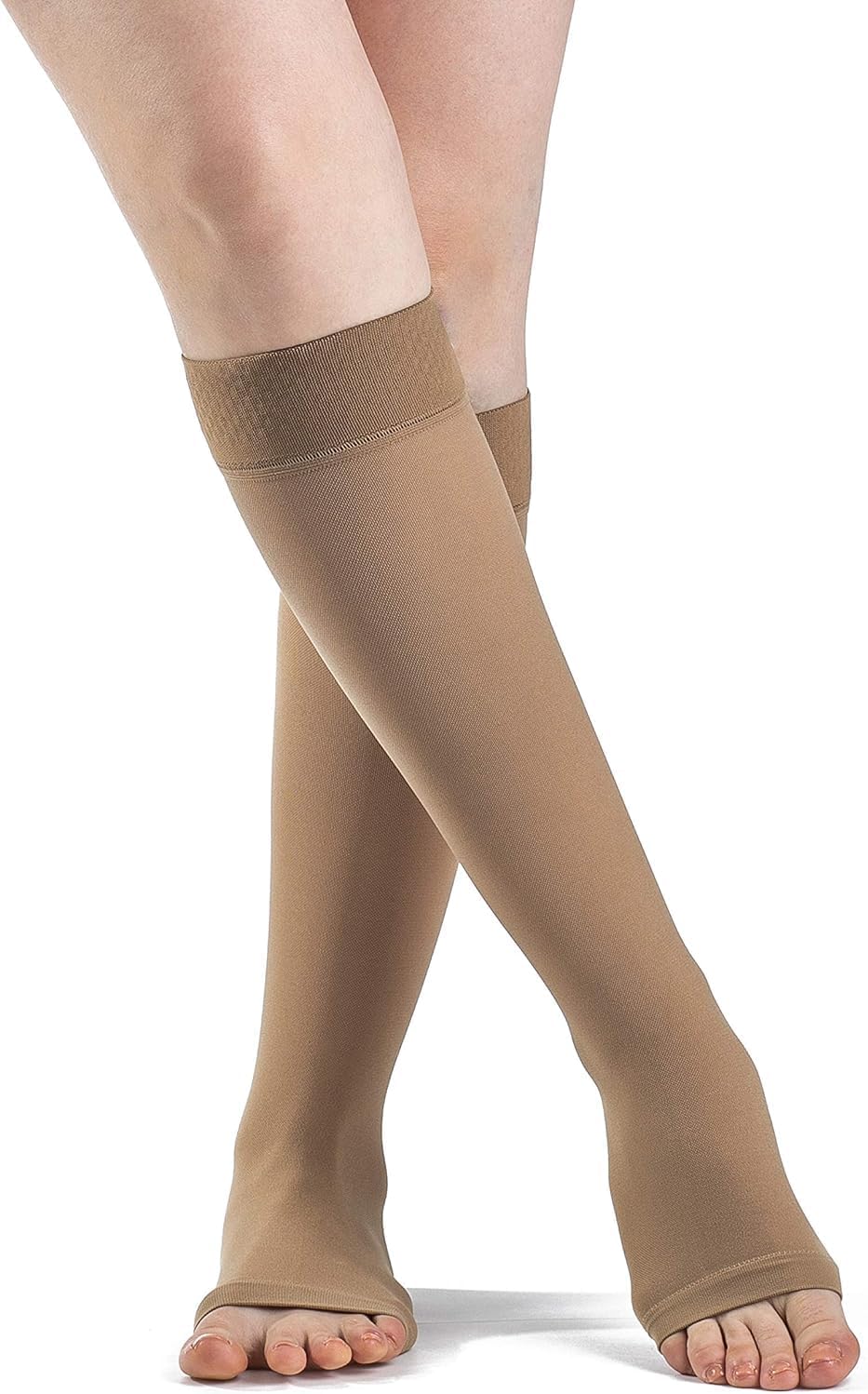 SIGVARIS Men’s & Women’s Essential Opaque 860 Open Toe Calf-High Socks w/Grip Top 20-30mmHg - Medium Short - light beige (crispa)