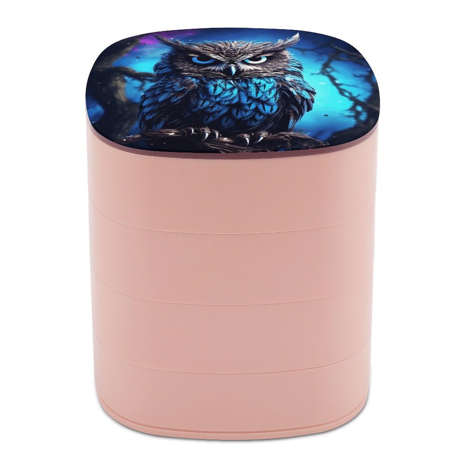 VstaDank Blue Owl Jewelry Box with Mirror Travel Small Jewelry Case for Women 4-Layer Rotatable Jewelry Organizer Storage Box Portable Jewelry Storage Case for Rings Earrings