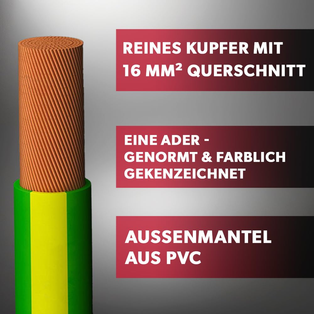 siwitec H07V-K Kabel 1 x 16 mm², Erdungskabel 16mm2, Erdungsleitung PVC feindrähtig, grün-gelb, Verdrahtungsleitung 450/750V, flexible Aderleitung, 1-100 m in der Auswahl - Ihre Länge: 15 m