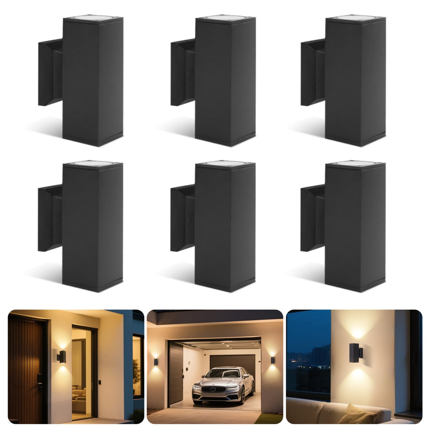 Aigostar Applique Murale Rectangle Exterieur GU10 Aluminium Up Down Eclairage Exterieur, IP65 Étanche Lampe Murale pour Jardin Couloir Entrée Patio, Ampoule non Incluse, Noir(Paquet de 6)