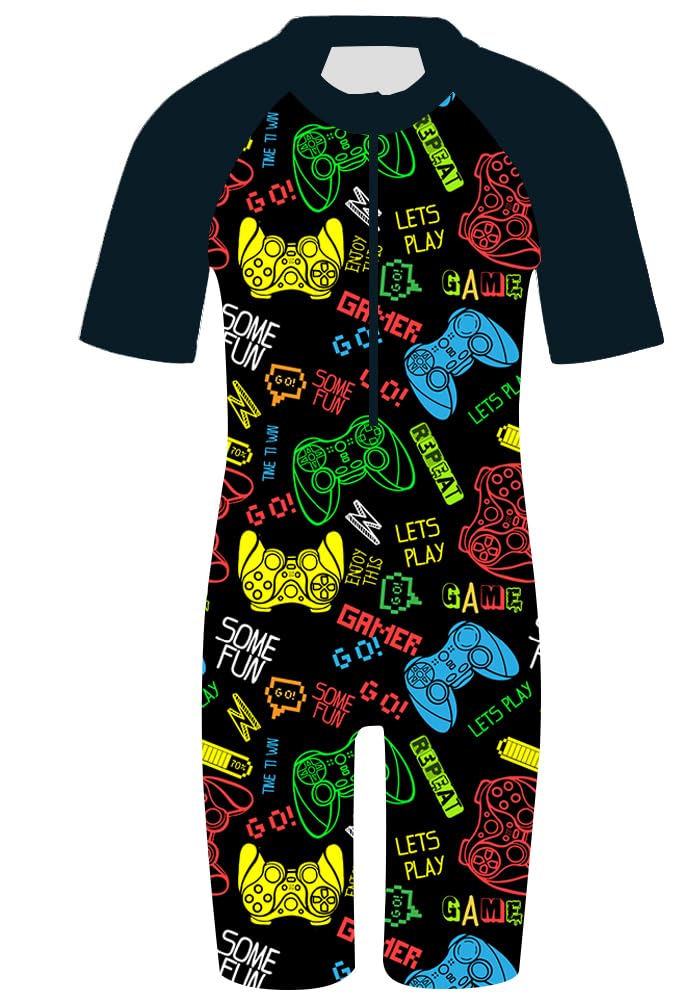 HUAANIUE Boys Swimming Short Sleeve Swimsuit 3-12Y Kids One Piece Swimwear Navy Sun Protection 50+ Swim Clothes UPF Warm Sportwear Costume Summer Surfing