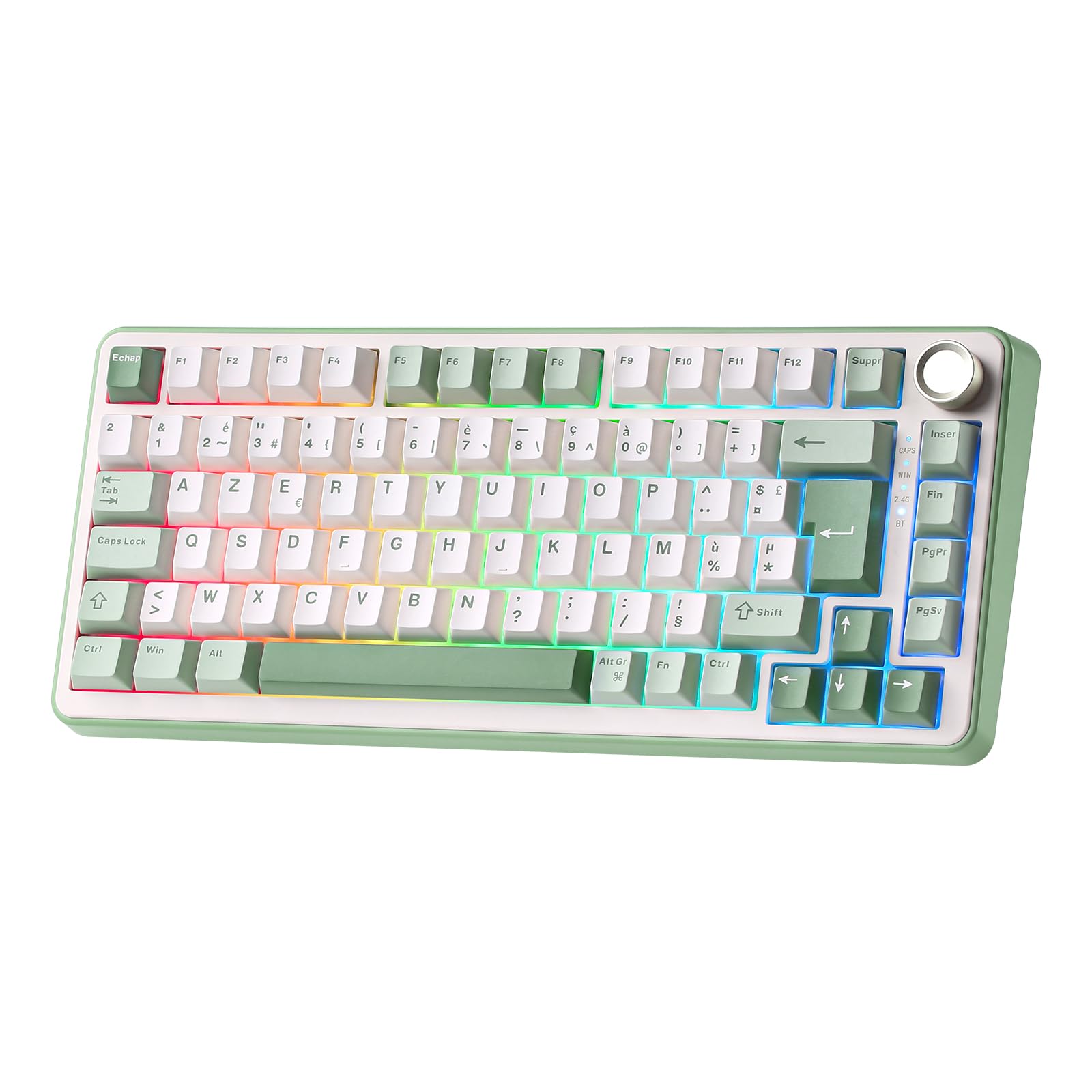 YUNZII B75 PRO Teclado mecánico inalámbrico para juegos, diseño AZERTY, formato 75%, Bluetooth 5.0/2.4GHz/USB-C, RGB, conmutadores intercambiables en caliente, estructura gasket (Matcha Green, Milk | francés. Disposición 75%, Bluetooth 5.0/2,4/USB-C con c