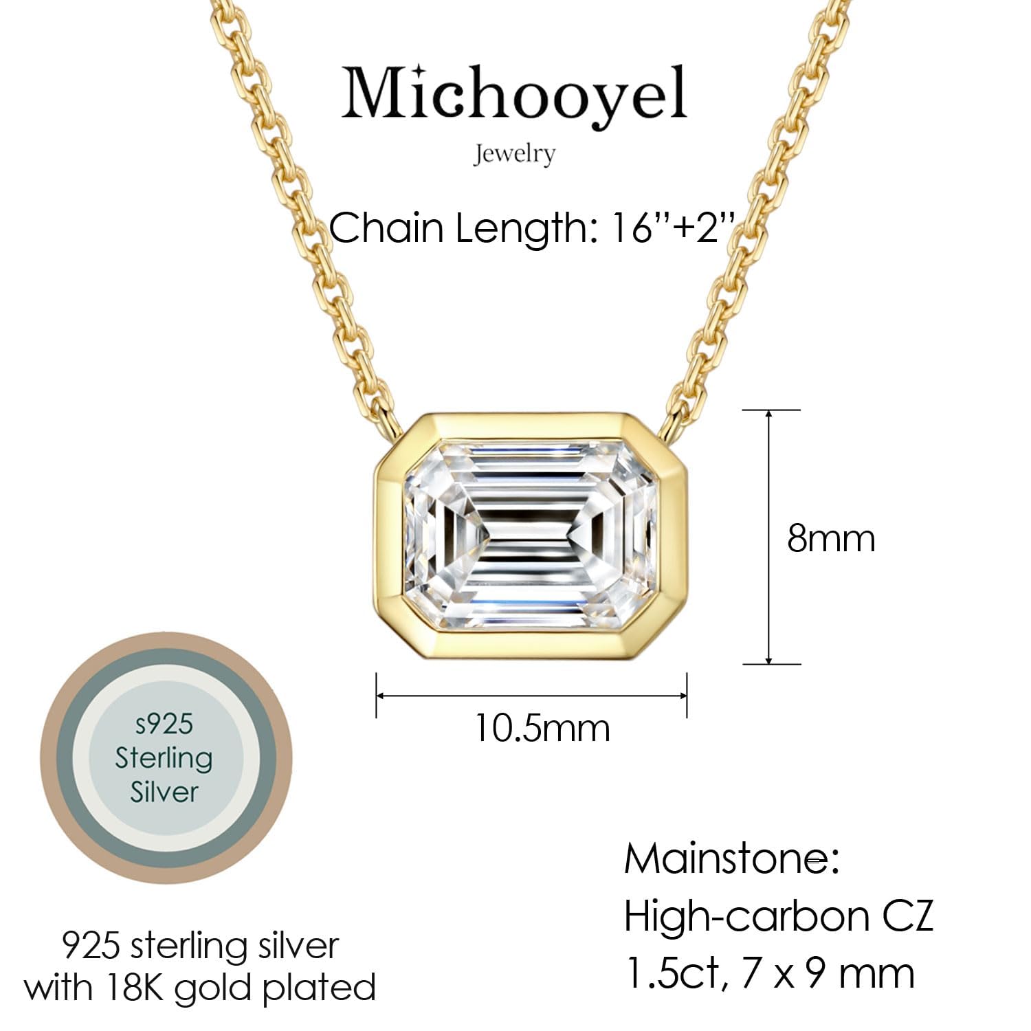 Michooyel Collana con pendente in argento sterling 925 placcato oro 18k per donne Collana con solitario taglio smeraldo da 1,5 carati CZ | Deliziose collane d'oro da donna