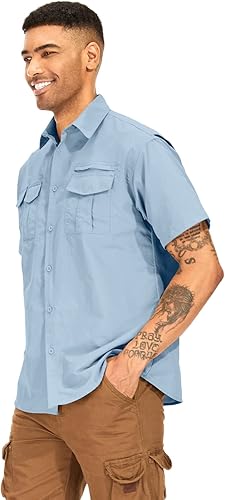 Miniatura 3 de Anteef Camisas de manga corta para hombre, para pesca, senderismo, UPF 50+, safari, secado rápido, protección solar, protección solar UV, Azul