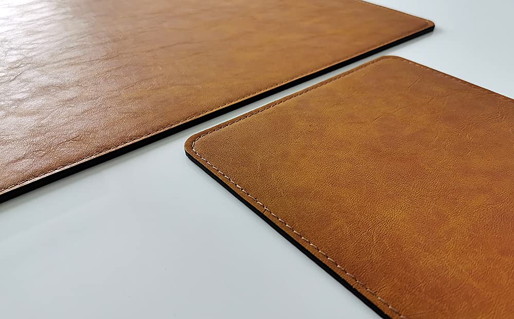 Gewinkelte Schreibtischunterlage mit Kanatenschutz und Mauspad in Lora Leder 60 x 38 Senftbraun