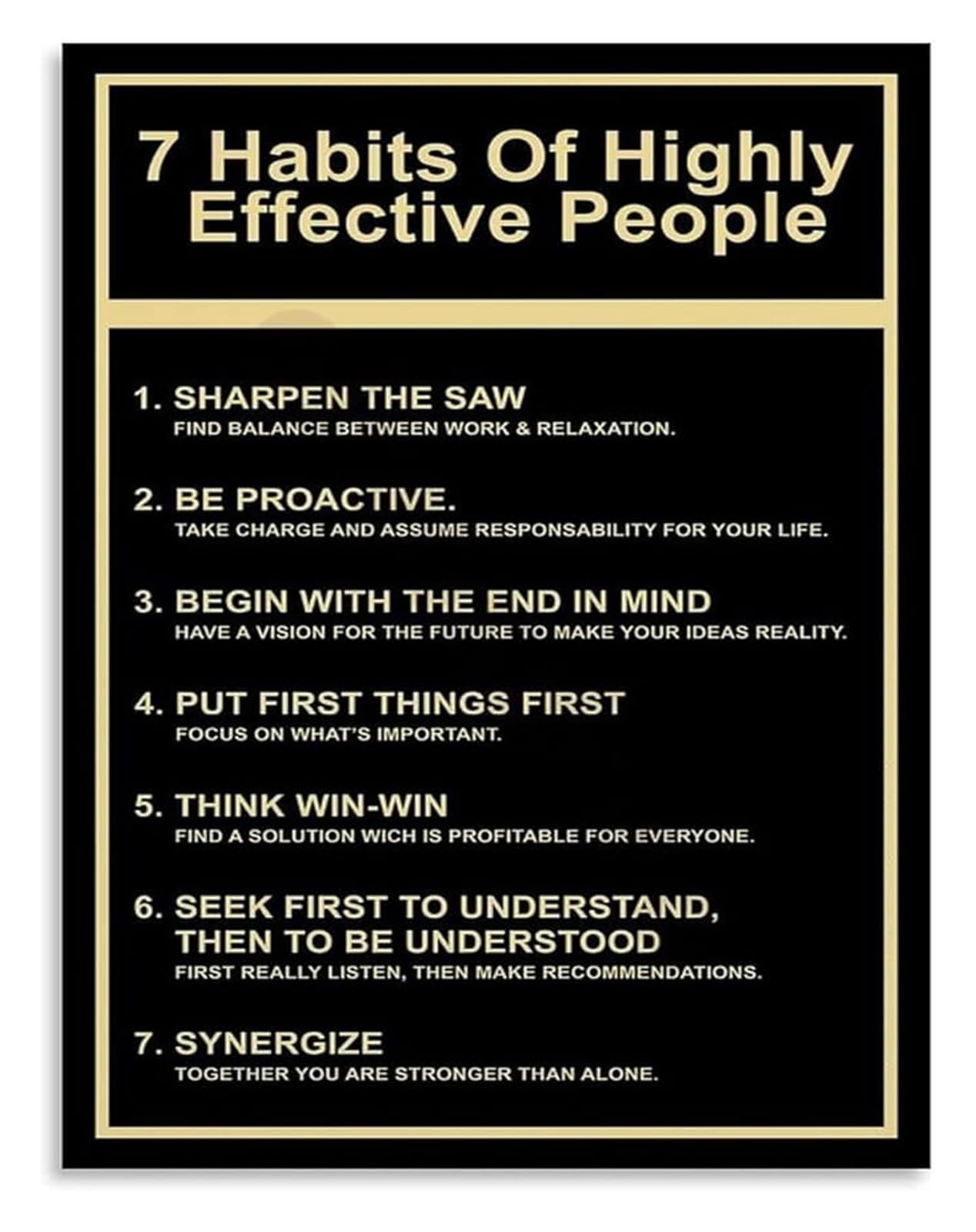 PKNVKZIDK Motivational Office Wall-Art 7 Habits Of Highly Effective People Poster Success Principles for Workplace Home Library Decor Framed,16x24inch(40x60cm)