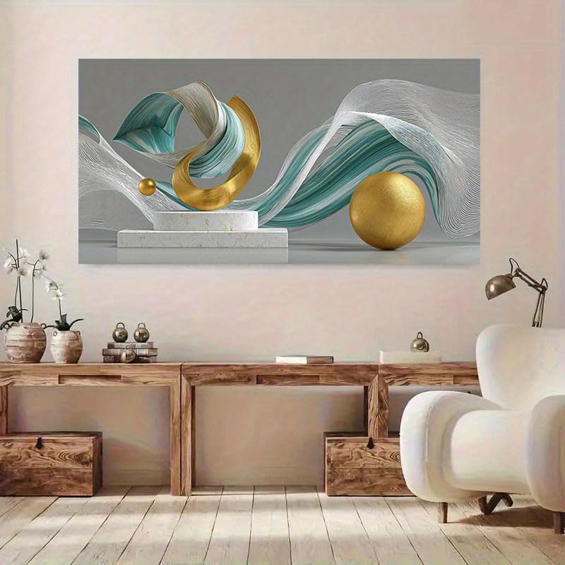 Cuadro abstracto moderno para sala de estar con elegante esfera dorada de 45x90 cm