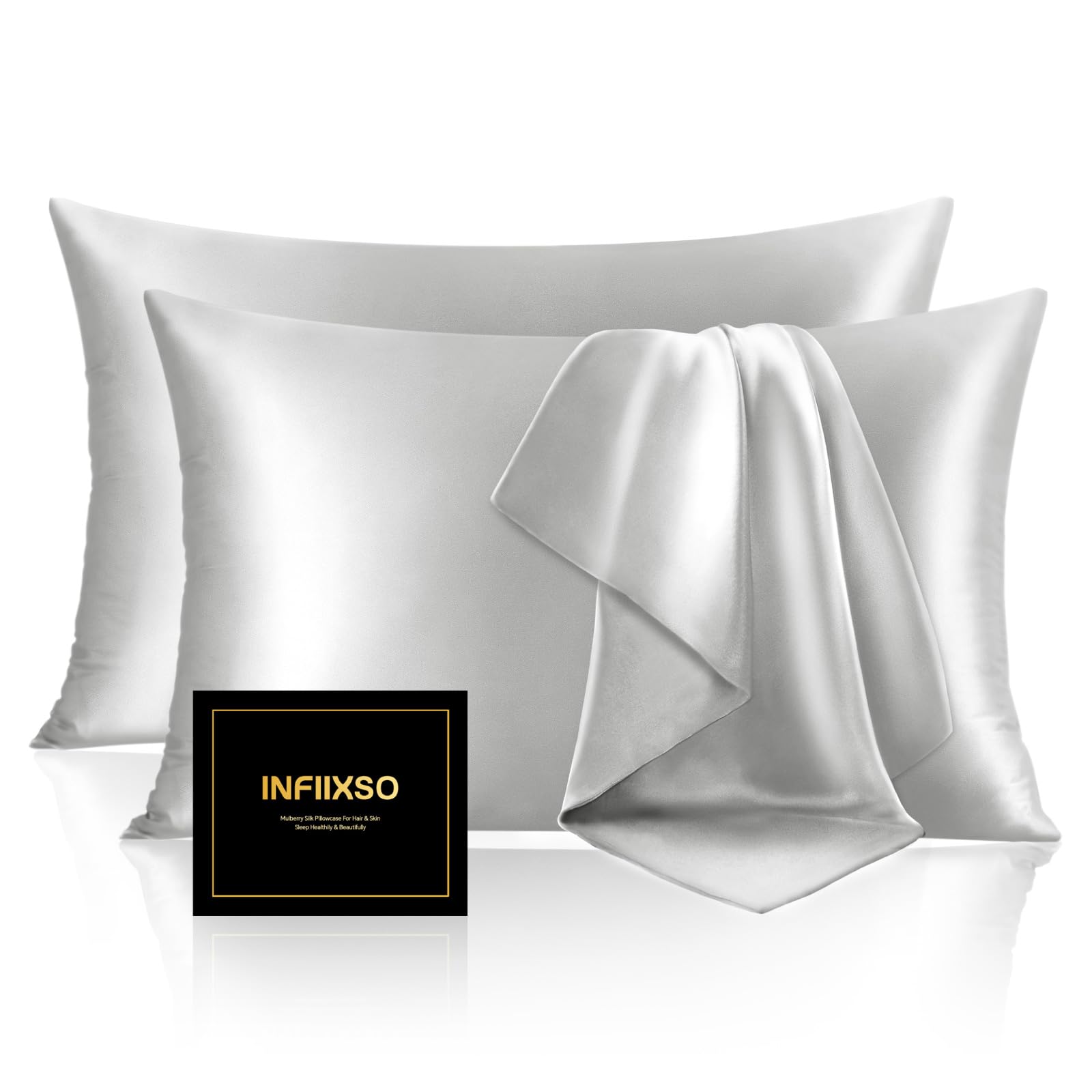 Infiixso Women's Light Grey Mulberry Silk Pillowcase For Hair And Skin, Silk Pillow Cases Queen Size Set Of 2 With Hidden Zipper 20X30 Inches, Ultra Soft Cooling Pillow Cases For Hot Sleepers(, 2 Pack)