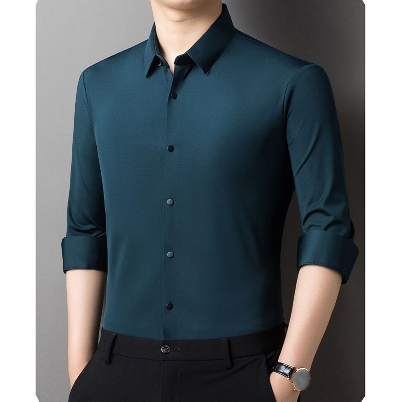 Long Sleeve Stylish Shirts for Men Solid Lightweight Slim Shirts Classic Casual Business Button Down Dress Shirt (Dark Green,XX-Large)