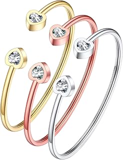 Julia Store 18K White/Yellow/Rose Gold Plated Stainless Steel Heart Bangle Cuff, Fit Wrist from 5.5''-7'' in Circumference Tricolor Dainty Trendy Bangle Bracelet for Women Jewelry Gift