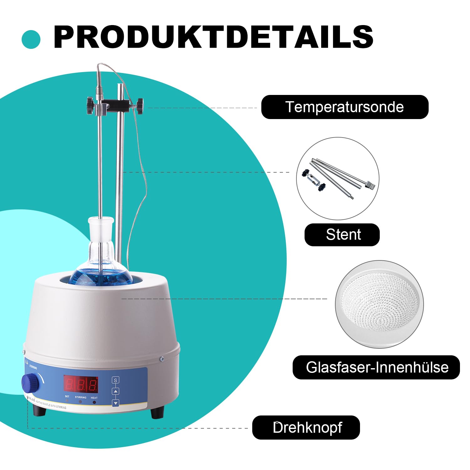 JOANLAB Magnetrührer mit Heizhaube 1000ml, 350W Labor-Thermostat mit Digitalanzeige, Temperatursonde & Timer-Funktion