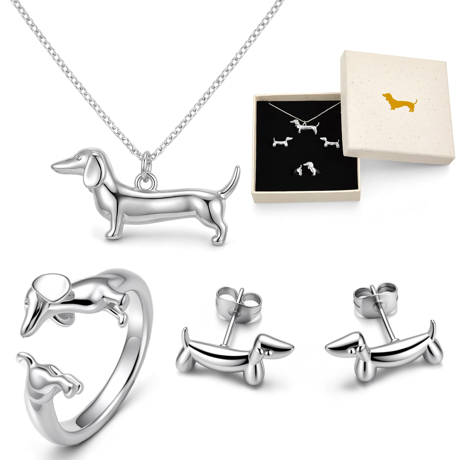Otuuz Conjunto de Joyas de Perro Salchicha para Mujer, Collar de Perro Salchicha, Anillo Ajustable y Pendientes de Botón, Set de Regalo para Amantes de las Mascotas con Caja de Regalo