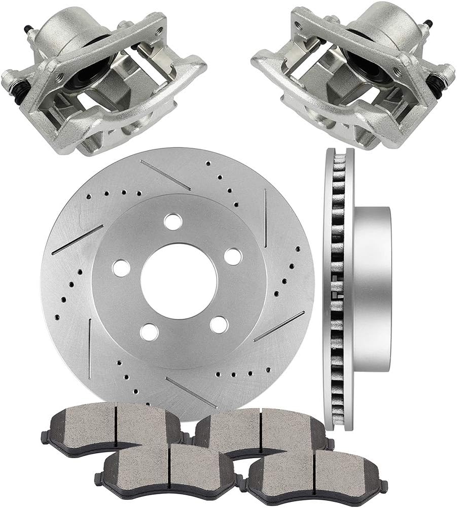 INEEDUP Front Left & Right Disc Brake Kit - 11.35"" Drilled & Slotted Brake Rotors and Calipers with Bracket and Ceramic Pads For Jeep Liberty 2002-2007 (8PCS), 835562-5208-1005387593