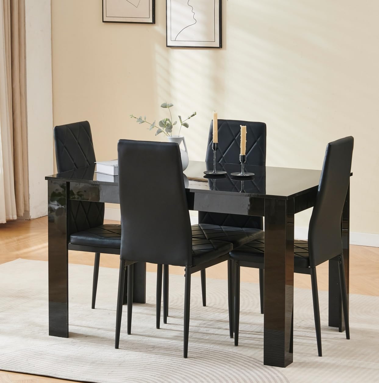 Menaka Modern Wooden Dining Room Table and Chairs Set of 4 for Small Space, 5 Pieces Rectangular Kitchen Table with 4 Chairs (110cm black table and 4 black leather chairs#1) — view 36
