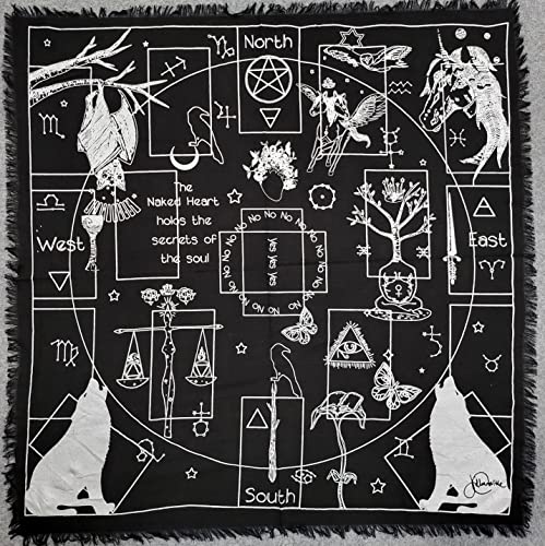 THE ART BOX Altartuch Tarotkarten Tischservietten Hexereizubehör Schwarzgold Tischdecke Quadratisch Alter Pagan Spirituelles Himmlisches Decktuch mit Fransen, Crying Wolf-Silber, 36X36 Zoll Cover