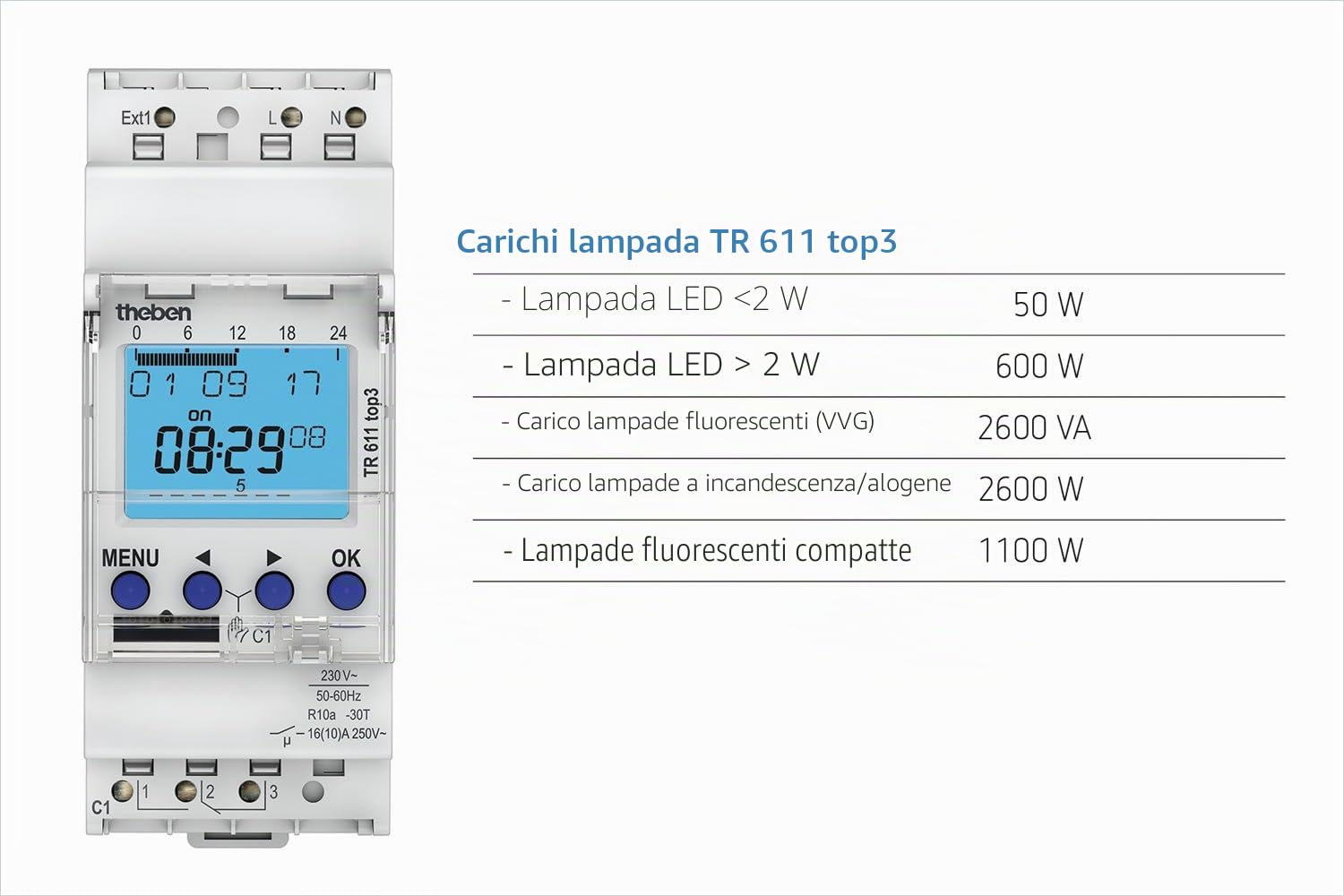 Theben 6110130 TR 611 top3 interruttore orario 1 canale ext. ingresso | 600 W LED, 10 anni di riserva di carica, precisione ± 0,25 s/giorno, 800 A/200 µs, 84 posizioni, 1 ingresso esterno, App