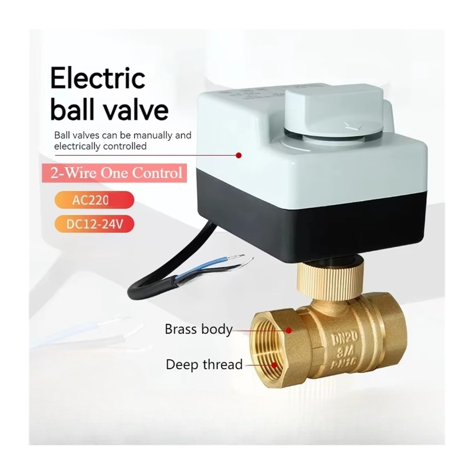 Valvola a sfera, Valvola A Sfera Motorizzata In Ottone Attuatore Elettrico A 2 Fili Con Controllo Singolo DC1224 AC220 Vie DN15 DN20 DN25 DN32 DN40 Interruttore Manuale(DN15,DC12-24V_2 WAYS)