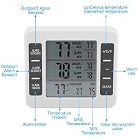 Vista 4 de Termómetro de nevera, termómetro digital para congelador, con 2 sensores y alarma acústica, refrigerador congelador interior exterior termómetros