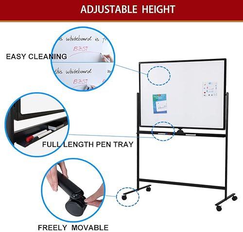 Miniatura 5 de Pizarra blanca grande móvil de borrado en seco, 48 x 32 pulgadas, pizarra blanca de doble cara con ajuste de altura, soporte rodante con marco de
