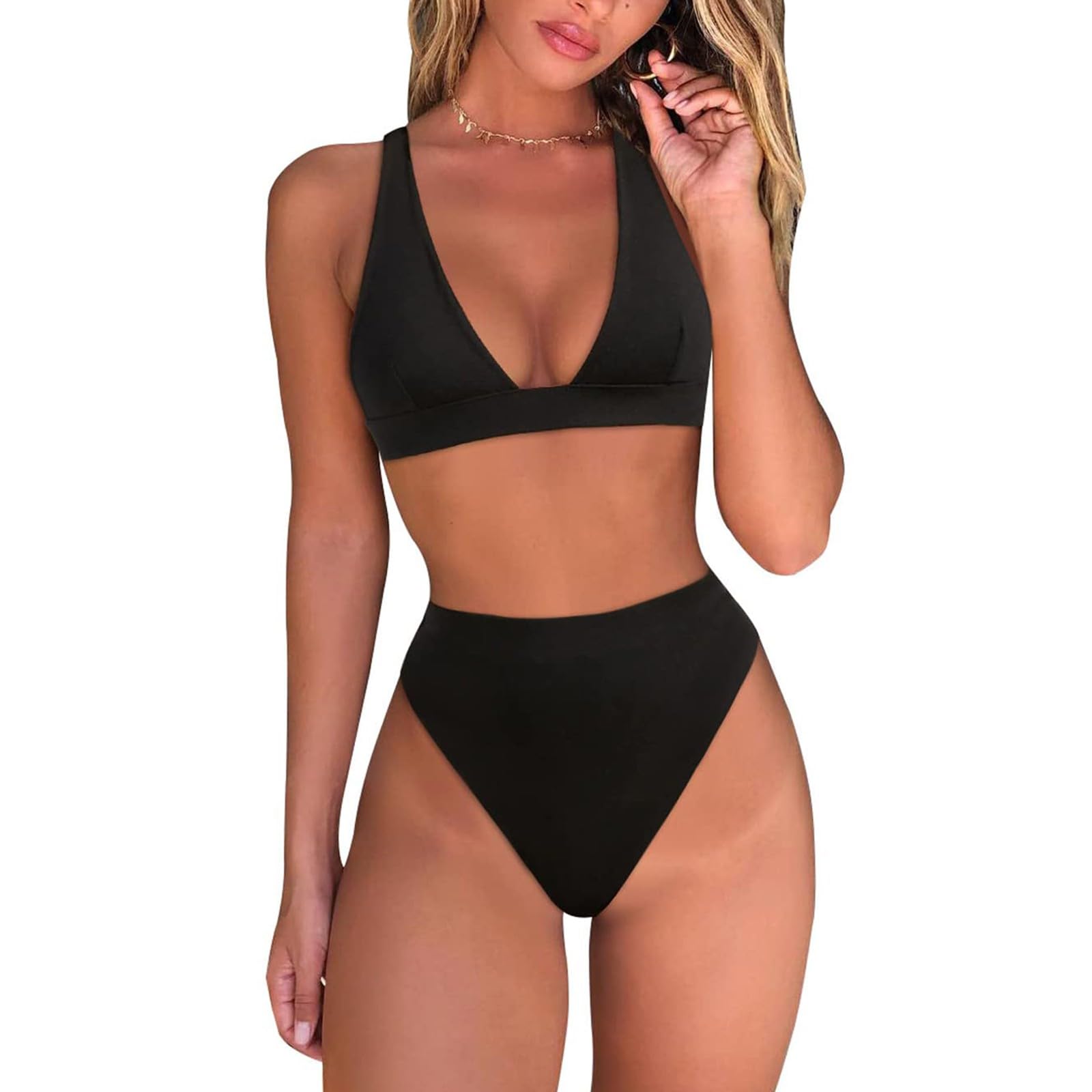 Bikini Mujer Tanga Conjunto Cintura Alta Sexy Triángulo Brasileño Top Profundo Cuello En V Traje De Baño Dos Piezas Trajes, Café, XL