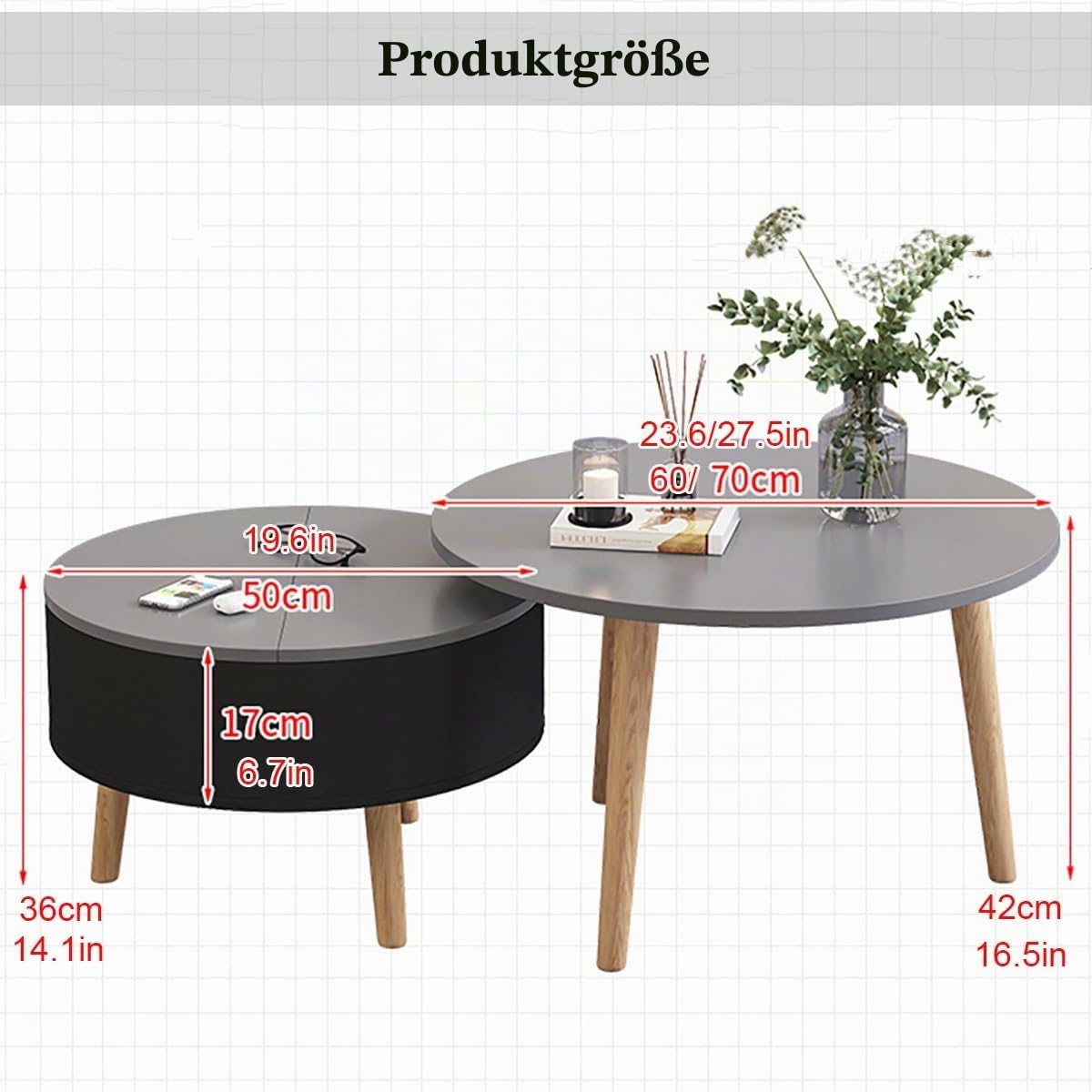 2er Set Runde Couchtische mit Stauraum, Stapelbare Wohnzimmertische aus Holz mit Klappdeckel, Kleiner Beistelltisch mit Verstecktem Fach für Wohnzimmer oder Kleine Räume(60cm/23.6in,Brown/white)