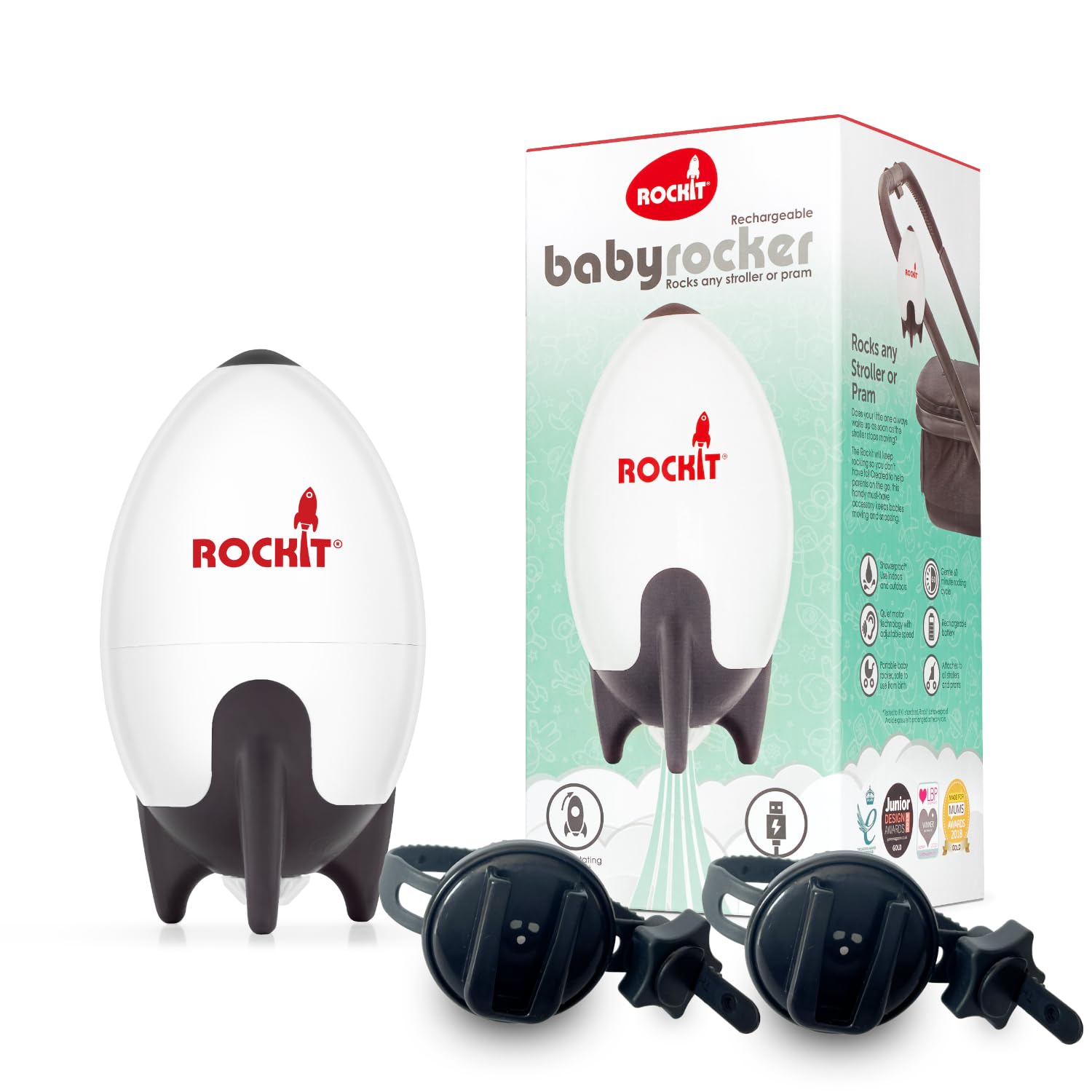 Rockit Rocker rechargeable avec deux supports – Aide au sommeil pour bébé qui berce doucement n'importe quelle poussette ou landau, vitesse réglable avec minuterie de 60 minutes – S'adapte à toutes