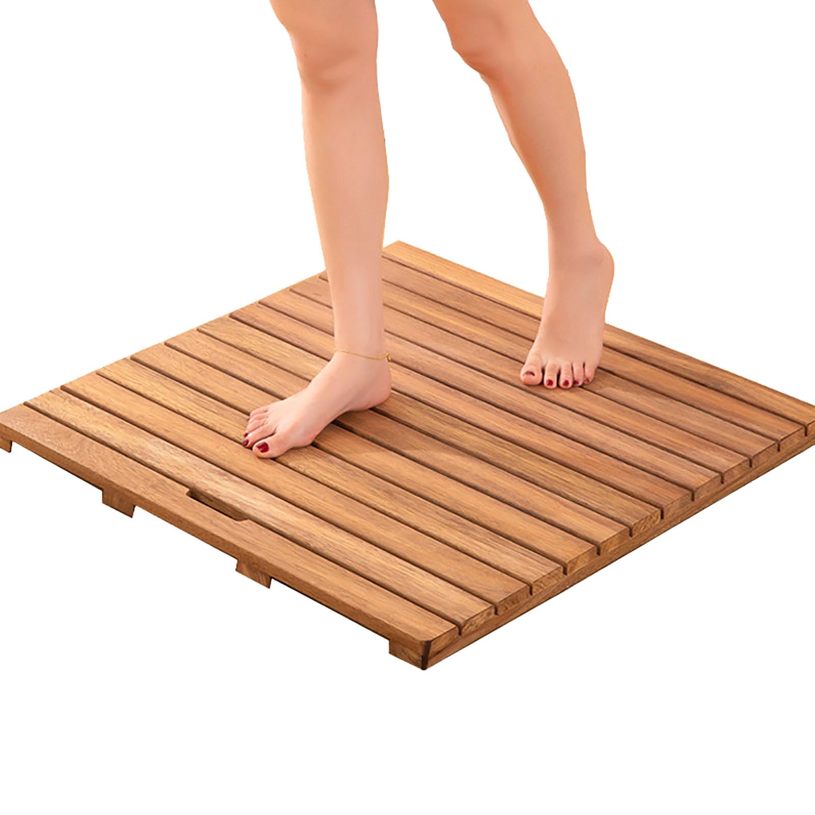 Bathroom Solid Wood Floor Mat Shower Mats with Non-slip Feet,Bath Mats with Carry Handle Design,Quick-Drying Waterproof Square Floor Mat,Large Size for Spa Home Outdoor (90x90cm(35.4x35.4in),wood)