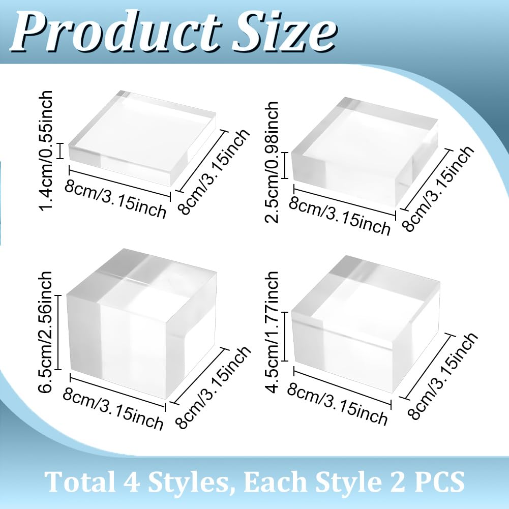 UNICRAFTALE Lot de 8 cubes en acrylique transparent pour présentation de produits de photographie - Supports rehausseurs de 80 mm pour bijoux, photographies, objets de collection