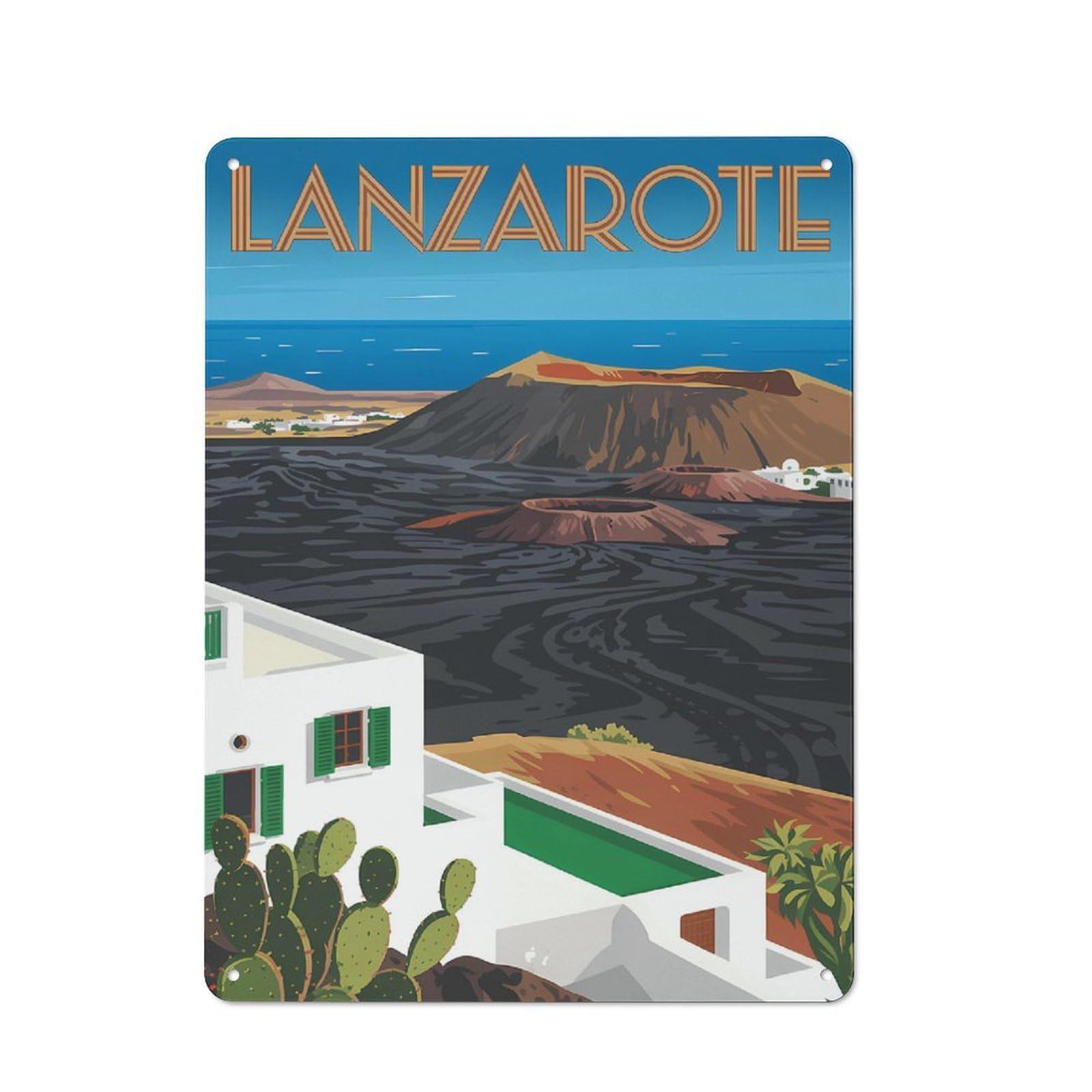 Tin Wall Plaque 40x30cm with Lanzarote Vintage Travel for Café Or Restaurant, Housewarming Present for People Styling Café And Restaurant